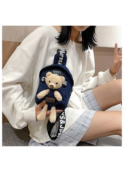 Koyu Mavi Ayı ZR376 Denim Kadın 2023 Yeni Japon Sevimli Ayı Bir Omuz Göğüs Çantası Trendy Serin Işık Karikatür Crossbody Telefon Çantası (Yurt Dışından)