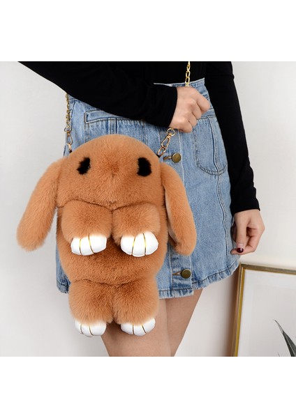13 Sevimli Kabarık Tavşan Kürk Ponponlar Zincir Çanta Kadın Karikatür Tavşan Tek Kollu Çanta Kabarık Kawaii Tavşan Omuz Peluş Çanta Sırt Çantası Kız (Yurt Dışından)