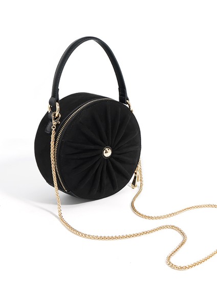 Siyah Ins Şık Kadın Çantaları Pileli Buzlu Deri Yuvarlak Şekil Çanta Üst Saplı Altın Zincir Moda Crossbody Çanta (Yurt Dışından) indirimleri