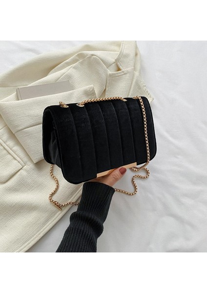 Siyah Kadife Kadın Çanta Doku Popüler Küçük Kare Çanta Moda Zinciri Tek Omuz Crossbody Çanta Kadınlar Için (Yurt Dışından)