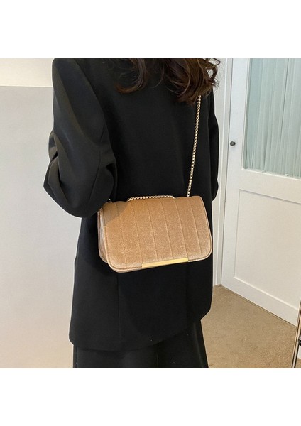 Siyah Kadife Kadın Çanta Doku Popüler Küçük Kare Çanta Moda Zinciri Tek Omuz Crossbody Çanta Kadınlar Için (Yurt Dışından)