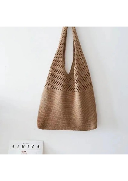 Borwn Moda Düz Renk Basit Askılı Çanta Kadınlar Için El Örgü Büyük Kapasiteli Kova Çanta Yeni Tasarım Plaj Çantası (Yurt Dışından)