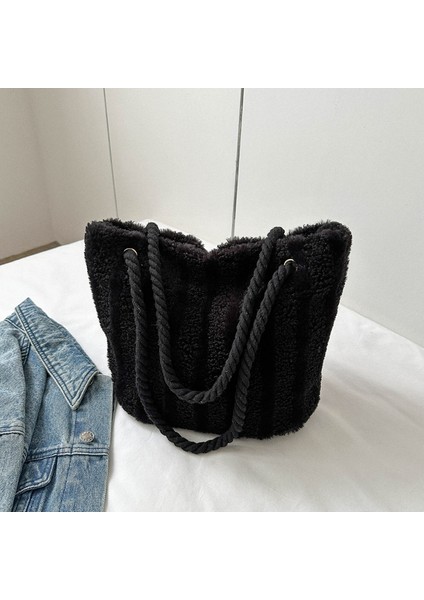 Siyah 2023 Yeni Moda Peluş Bayan El Çantası Kadın Peluş Kadın Omuz Çantaları Büyük Seyahat Çantası Kadınlar Için Çizgili Plaj Kesesi (Yurt Dışından)