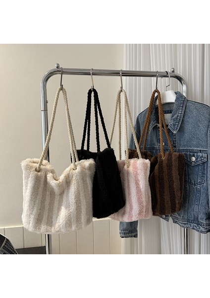 Siyah 2023 Yeni Moda Peluş Bayan El Çantası Kadın Peluş Kadın Omuz Çantaları Büyük Seyahat Çantası Kadınlar Için Çizgili Plaj Kesesi (Yurt Dışından) fırsatları