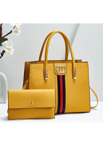 Sarı Moda Yeni Stil Düz Renk Çanta Büyük Kapasiteli Kadın Perçin Dört Parçalı Set Eğlence Bir Omuz Ziyafet Kadın Çantası (Yurt Dışından)