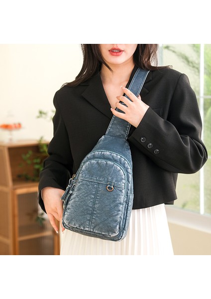 1 Yeni Varış Ayarlanabilir Açık Spor Bel Paketi Göğüs Çantası Yıkanmış Denim Retro Crossbody Sling Göğüs Çantası (Yurt Dışından)