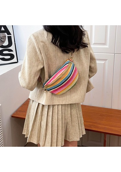 1 Kadın Yaz Plaj Çantası Yeni Saman Dokuma Renkli Sling Omuz Çantası Gökkuşağı Göğüs Crossbody Çanta (Yurt Dışından) indirimleri