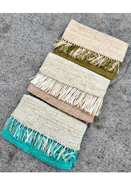 Gök Mavisi Madagaskar Tığ Işi Rafya Clutch Çanta Frange Ürünlü El Yapımı (Yurt Dışından)