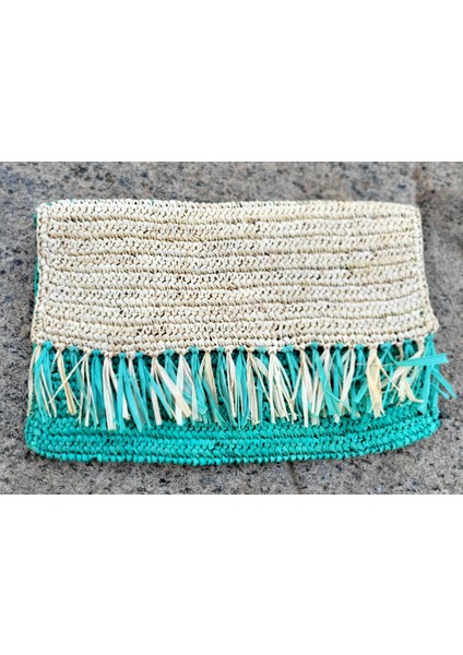 Gök Mavisi Madagaskar Tığ Işi Rafya Clutch Çanta Frange Ürünlü El Yapımı (Yurt Dışından) fırsatları