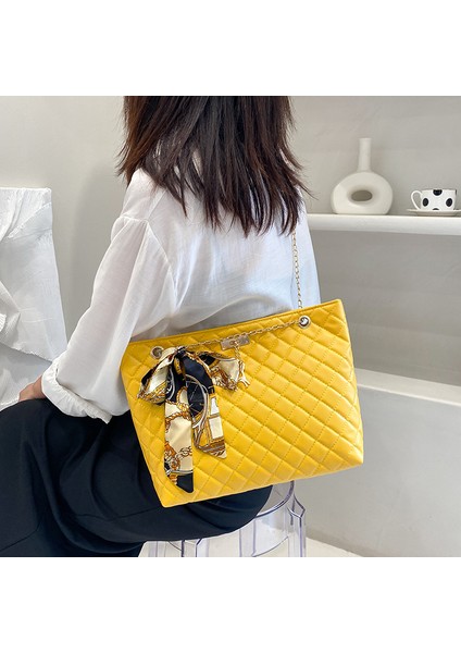 Sarı Yeni Kore Versiyonu Düz Renk Kadın Omuz Çantası Moda Rahat Ringgertot Çanta Trend Ipek Eşarp Metal Zincir Messenger Çanta (Yurt Dışından)