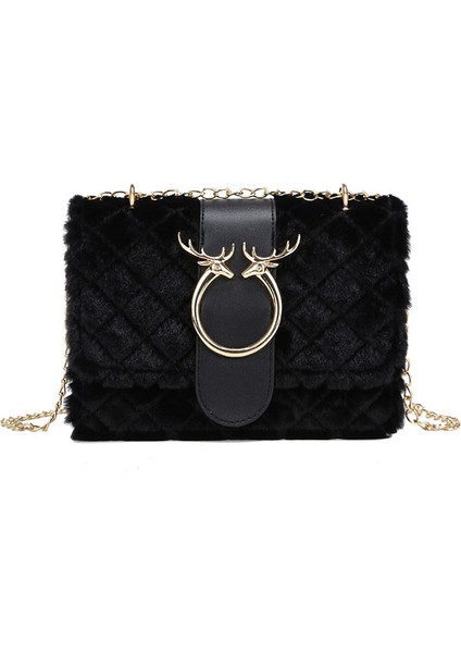 Siyah Yeni Moda Lüks Peluş Bayan Tote Debriyaj Çanta Bayanlar Omuz Crossbody Çanta Zinciri Kadın Çanta (Yurt Dışından)