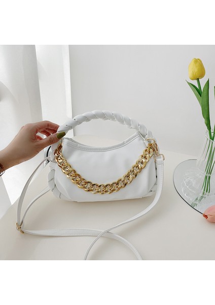 Beyaz Zincir Çanta Yeni Trendy Pu Deri Crossbody Çanta Örgü Kolu Düz Renk Çanta Bayan Çanta Moda Kadın Çanta Omuz (Yurt Dışından)