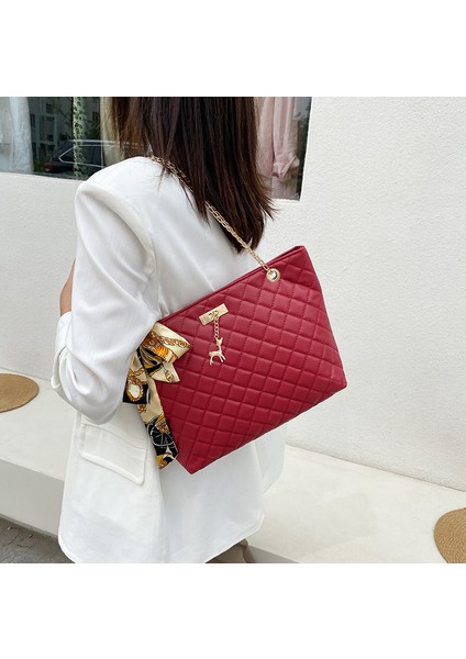 Kırmızı Yeni Kore Versiyonu Düz Renk Kadın Omuz Çantası Moda Rahat Ringgertot Çanta Trend Ipek Eşarp Metal Zincir Messenger Çanta (Yurt Dışından)