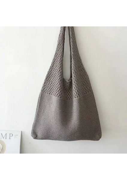 Gri Kore Tarzı Düz Renk Boho Omuz Çantası Özel Tasarımcı Çanta Tote Dört Mevsim Büyük Örgü Dokuma Çanta (Yurt Dışından)
