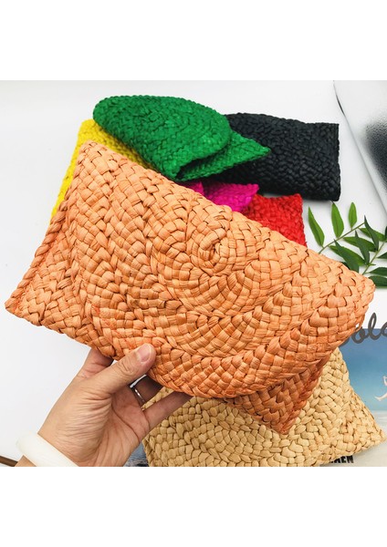Turuncu Renk El Yapımı Çantalar Saman Dokuma Kadın Çantalar ve Çanta Yaz Plaj Bayanlar Hasır Çanta Debriyaj Çantalar Plaj Rattan Çanta (Yurt Dışından)