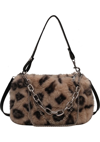 4 Yeni Leopar Baskı Peluş Zincir Dikdörtgen Rahat Omuz Çantası Moda Sonbahar ve Kış Çok Yönlü Kadın Peluş Tote Çanta (Yurt Dışından)