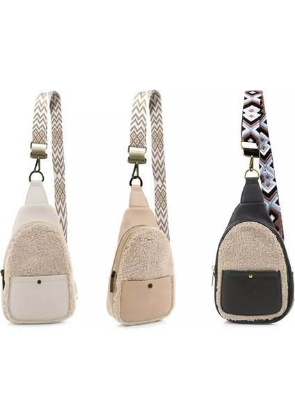 Bej Yeni Tasarım Sonbahar Kış Sherpa Pu Deri Crossbody Çanta Vintage Büyük Kapasiteli Çıkarılabilir Askı Kadın Göğüs Çantası (Yurt Dışından)
