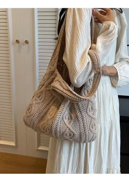 Haki Yeni Sadelik Yüksek Kapasiteli Örme Omuz Çantası Tasarımcı Örgü Moda Kadın Omuz Çantası (Yurt Dışından) indirimleri