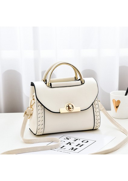 Beyaz 2023 Yeni Örme El Küçük Çanta Moda Kilit Küçük Kare Çanta Bir Omuz Crossbody Çanta (Yurt Dışından)