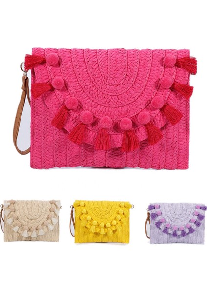 Renk 8 Yeni Hasır Omuz Çantası Parti Dokuma Crossbody Çanta Bayanlar Plaj Zarf Çanta Küçük Debriyaj Çanta Pom Pom ile Kadın Manşonlar (Yurt Dışından) modelleri