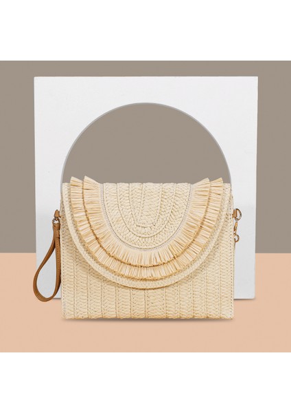 F-Bej Yeni Varış Hasır Saçaklı Flap Nakış Vintage Doğal Çanta Debriyaj Saman Crossbody Çanta (Yurt Dışından)