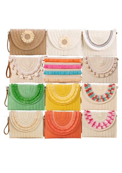 F-Bej Yeni Varış Hasır Saçaklı Flap Nakış Vintage Doğal Çanta Debriyaj Saman Crossbody Çanta (Yurt Dışından) modelleri