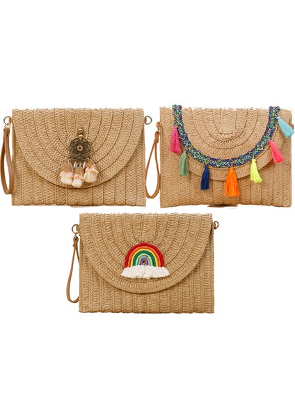 F-Bej Yeni Varış Hasır Saçaklı Flap Nakış Vintage Doğal Çanta Debriyaj Saman Crossbody Çanta (Yurt Dışından) indirimleri