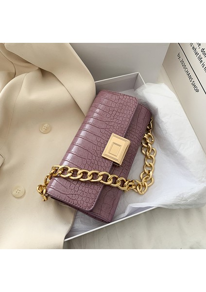 Mor Koltukaltı Çanta Kadın 2023 Moda Küçük Kare Çanta Retro Omuz Crossbody Çanta Zincir Timsah Mini Çanta (Yurt Dışından)
