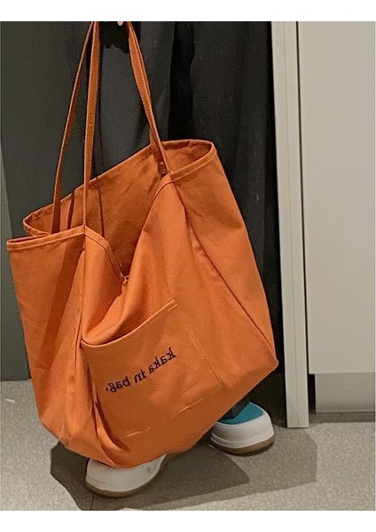 Turuncu Eğlence Kanvas Çanta Kadın Yaz 2023 Yeni Moda Tote Çanta Joker Ins Büyük Kapasiteli Alışveriş Çantası (Yurt Dışından)