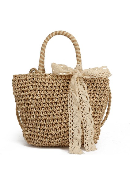 Kahverengi 2023 Yeni Hasır Çanta Kadın Çanta Plaj Çantası Kaliteli Taze Tek Omuz Yay Dokuma Çanta (Yurt Dışından)