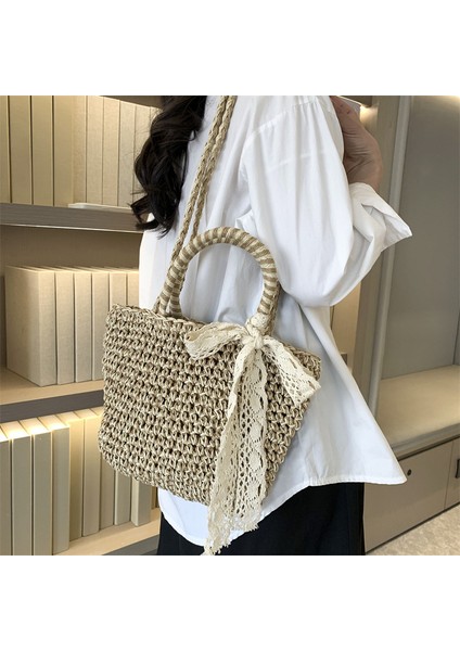 Kahverengi 2023 Yeni Hasır Çanta Kadın Çanta Plaj Çantası Kaliteli Taze Tek Omuz Yay Dokuma Çanta (Yurt Dışından) indirimleri