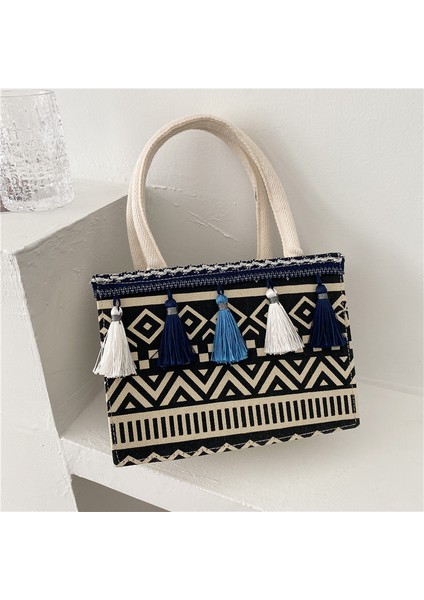 Siyah Moda Kadın Çanta Kadın Kesesi Jüt Çuval Bezi Beutel Alışveriş Mini Çanta Etnik Püskül Küçük Kare Tote Saplı Çanta (Yurt Dışından)