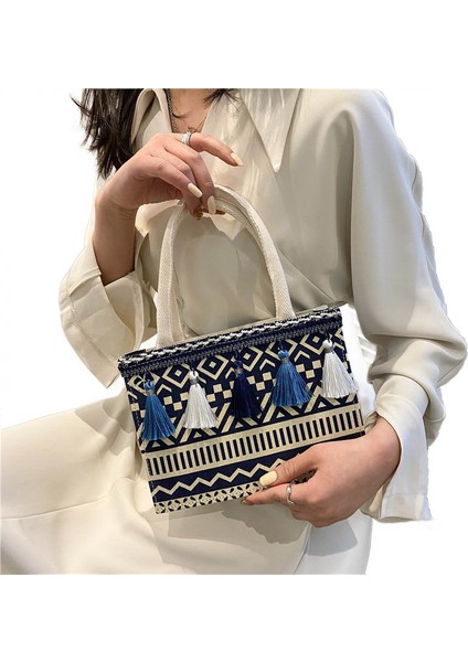 Siyah Moda Kadın Çanta Kadın Kesesi Jüt Çuval Bezi Beutel Alışveriş Mini Çanta Etnik Püskül Küçük Kare Tote Saplı Çanta (Yurt Dışından)