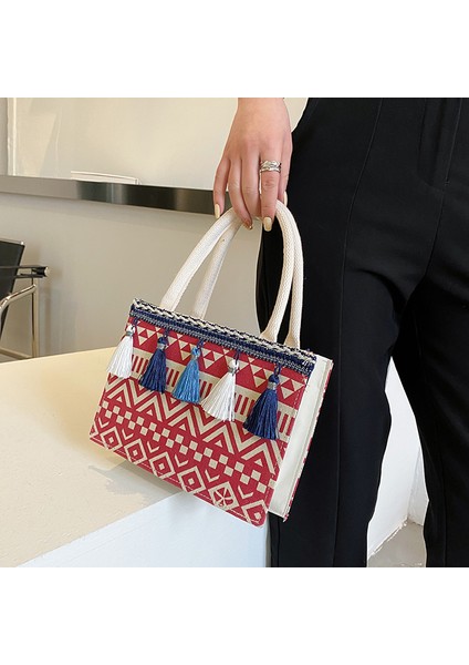 Siyah Moda Kadın Çanta Kadın Kesesi Jüt Çuval Bezi Beutel Alışveriş Mini Çanta Etnik Püskül Küçük Kare Tote Saplı Çanta (Yurt Dışından)