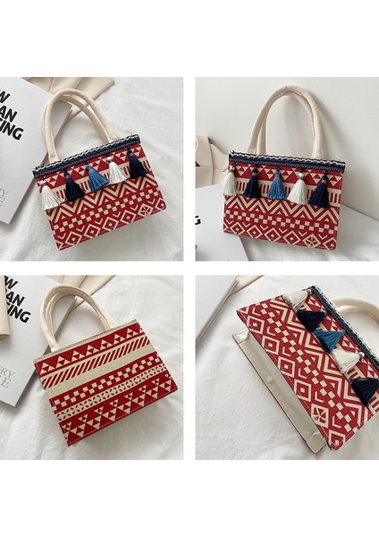 Siyah Moda Kadın Çanta Kadın Kesesi Jüt Çuval Bezi Beutel Alışveriş Mini Çanta Etnik Püskül Küçük Kare Tote Saplı Çanta (Yurt Dışından)