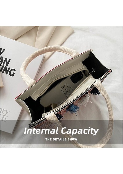 Siyah Moda Kadın Çanta Kadın Kesesi Jüt Çuval Bezi Beutel Alışveriş Mini Çanta Etnik Püskül Küçük Kare Tote Saplı Çanta (Yurt Dışından)