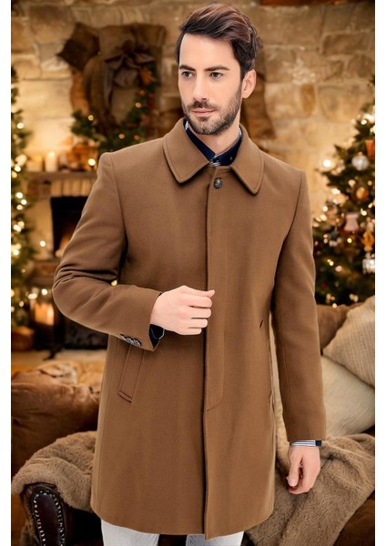 Erkek Palto-Düz Camel %70 Yün 30 Polyester Orta Kalınlık Midi Uzun Kol