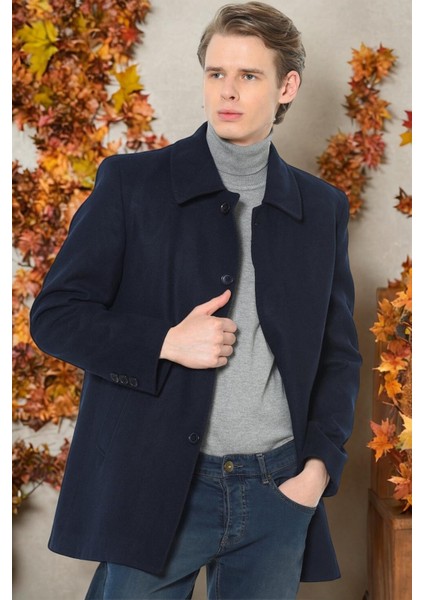 Erkek Palto Düz Lacivert Uzun Kol Midi Kesim %70 Yün ve %30 Polyester