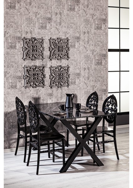 Home Maxima Mermer Desenli / Venüs Sandalye Mutfak Masa Takımı - Siyah