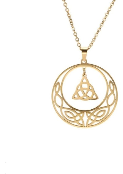 Triquetra & Moon Iskandinav Nordik Desenli Ince Tasarım Sarı 316L Çelik Kadın Kolye