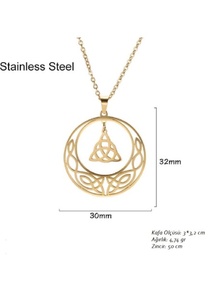 Triquetra & Moon Iskandinav Nordik Desenli Ince Tasarım Sarı 316L Çelik Kadın Kolye