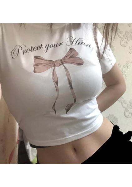 Protect Your Heart Baskılı Beyaz Crop fiyatları