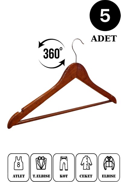 5 Adet A-Kalite Ahşap Ceket Askısı Gömlek Askısı Tişört Askısı Ahşap Askı Elbise Askısı