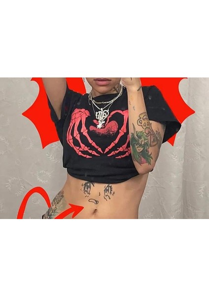 Gothic Skull And Heart Baskılı Siyah Crop