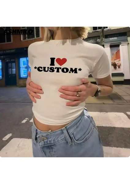 Y2K I Love Custom Baskılı Beyaz Crop