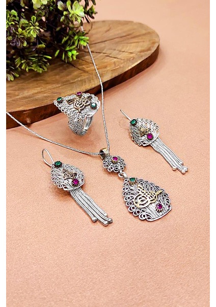 Tuğralı Oksitli Telkari Gümüş Set 925 Ayar Otantik Kolye Küpe Ayarlanabilir Yüzük AKS-2099