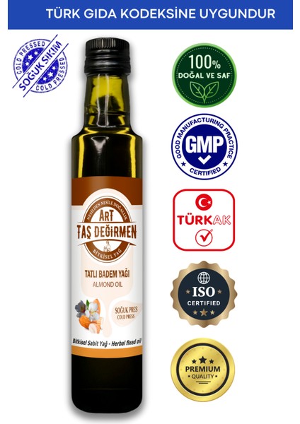 Art Taş Değirmen %100 Saf ve Doğal Badem Yağı 250 ML Soğuk Sıkım, Tatlı Badem Yağı