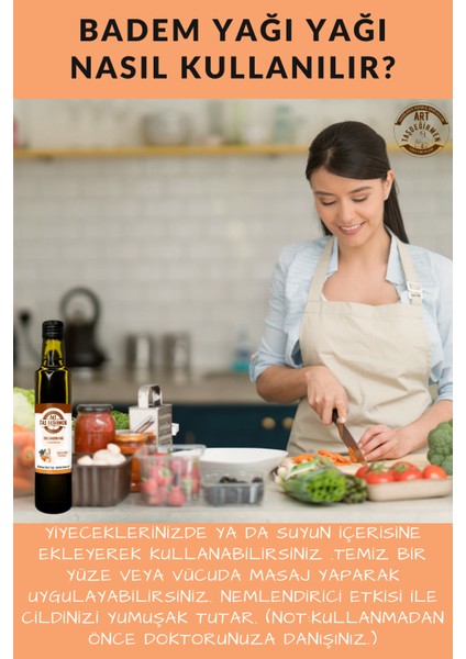 Art Taş Değirmen %100 Saf ve Doğal Badem Yağı 250 ML Soğuk Sıkım, Tatlı Badem Yağı