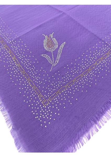 Taş Işlemeli Flamlı Yazma Gül Desenli Eşarp 100X100CM