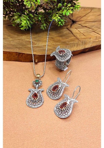 Kadın Zultanit Taşlı Renk Değiştiren Gümüş Set Kolye Küpe Yüzük AKS-2007